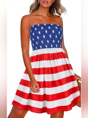 Blue, Red & White Strapless Dress